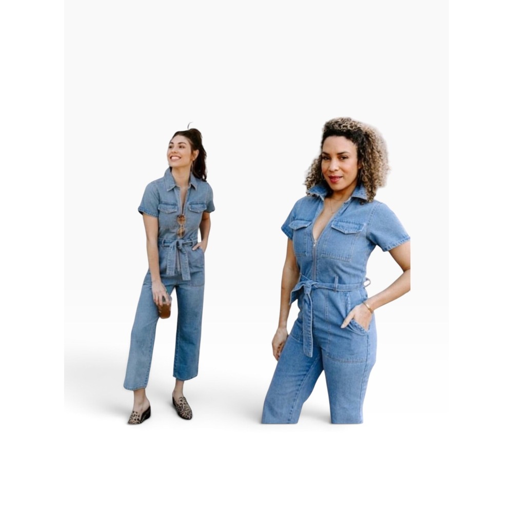 Kittenish Denim Jumpsuit Medium Wash Short Sleeve Zip Front Belted Retro Small
